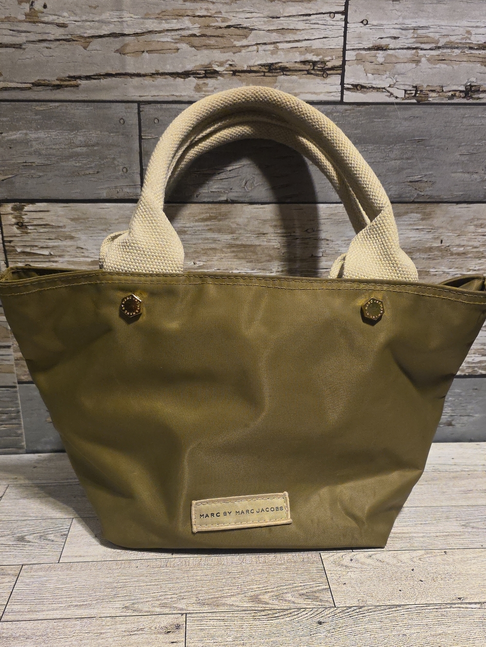 Miss Marc By Marc Jacobs Olive Graphic Canvas Tote Bag with Cream Handles - Picture 2 of 5